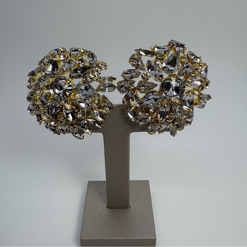Sparkling Clear Crystal Rhinestone Statement Cluster Party Gold Tone Earrings